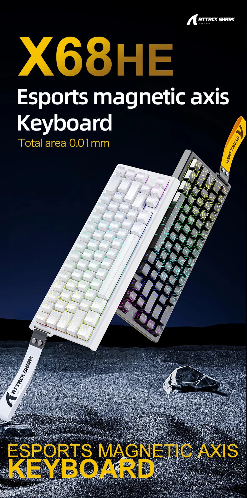 X68HE ATTACK SHARK Tastiera da gioco magnetica meccanica cablata per Pro Gaming Trigg rapido 0,01 mm 8000 Hz SOCD/Rs 0,125 ms 128 K Velocità