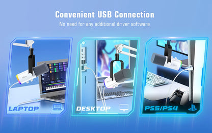 Kit Microfono Da Gioco Fifine Usb Xlr Con Cuffie Braccio Boom Rgb Dinamico Per Pc Ps5 Ps4 Am8tw White