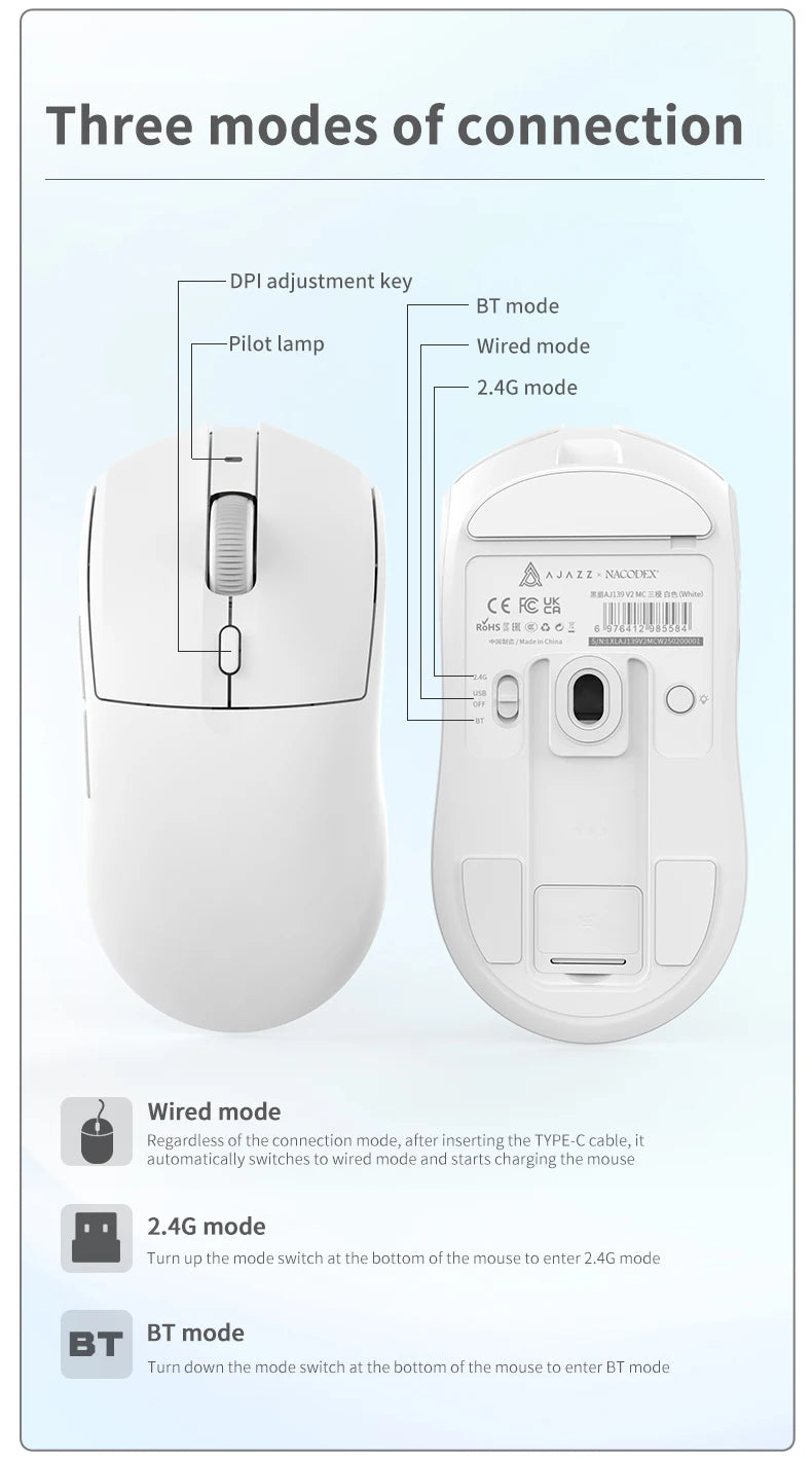 Mouse da gioco wireless Tri-mode AJ139-V2-MC cablato/2,4 GHz/BT con base di ricarica magnetica Chipset da gioco PAW3311 12000 DPI max