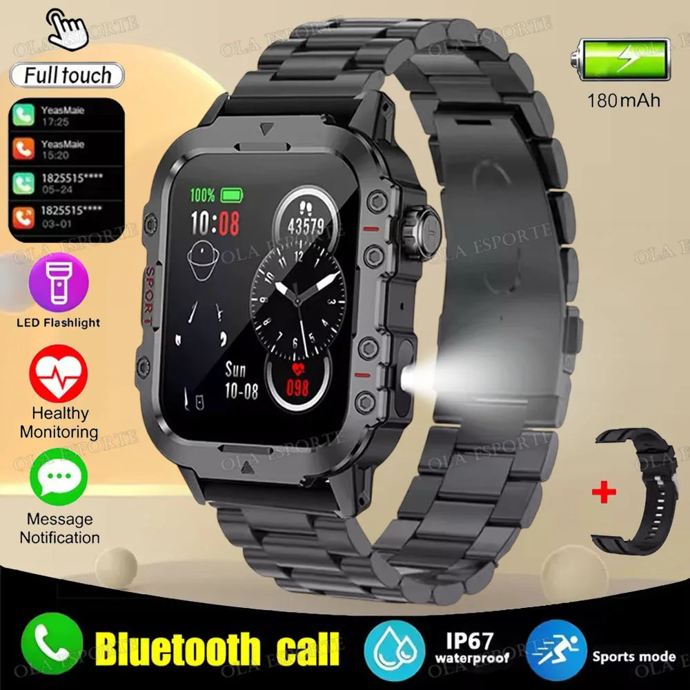 2025 Nuova Torcia Elettrica Militare Astuto Della Vigilanza Degli Uomini IP68 5ATM Sport All'aria Aperta Fitness Tracker Monitor di Salute 1.44 Pollici BT Chiamata Smartwatch