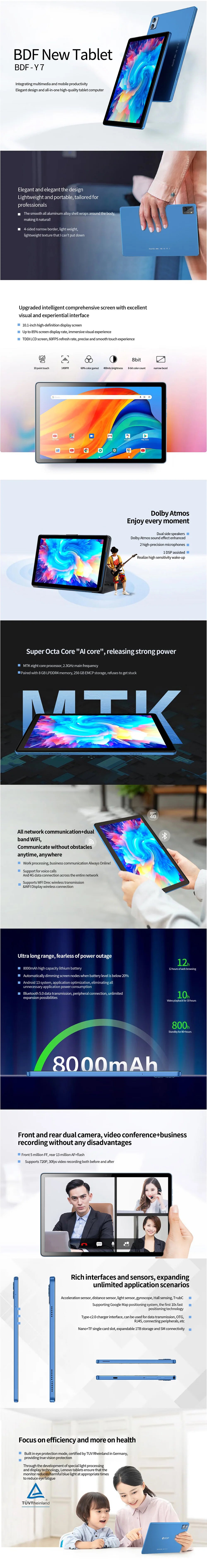Tablet Android 10.1 Pollici Octa Core 8 GB RAM 256 GB ROM Android 13 Google Play 4G 5G WiFi Doppia Fotocamera 8000 mAh