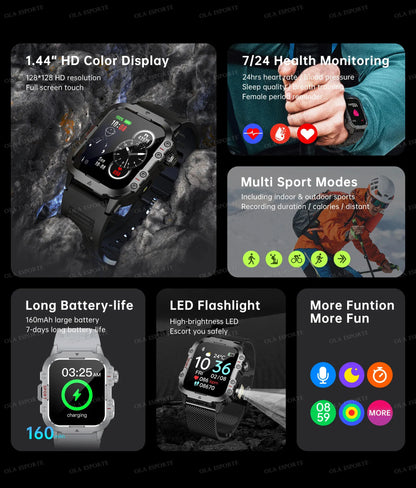 2025 Nuova Torcia Elettrica Militare Astuto Della Vigilanza Degli Uomini IP68 5ATM Sport All'aria Aperta Fitness Tracker Monitor di Salute 1.44 Pollici BT Chiamata Smartwatch