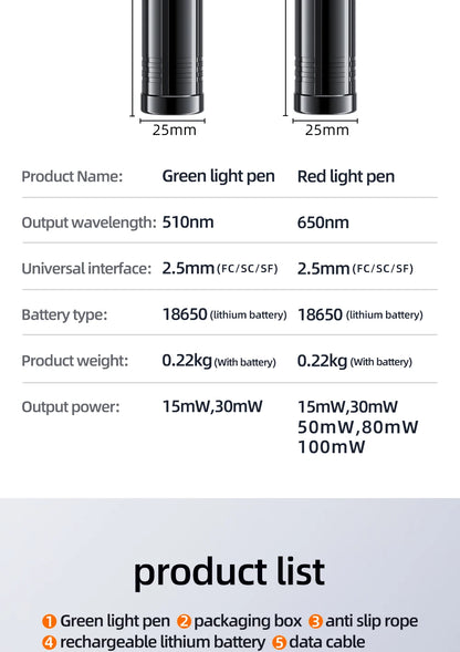 Penna Luce Verde e Rossa In Fibra Ottica Ricaricabile Con Tester 15 mW 30 mW 50 mW 100 mW