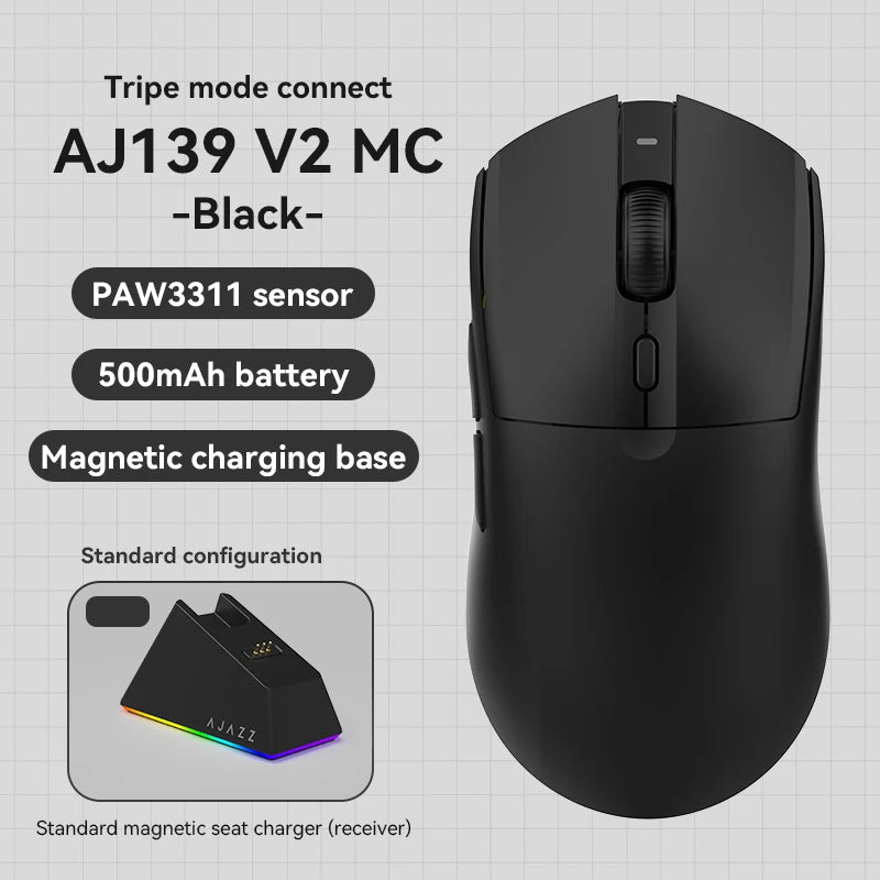 Mouse da gioco wireless Tri-mode AJ139-V2-MC cablato/2,4 GHz/BT con base di ricarica magnetica Chipset da gioco PAW3311 12000 DPI max