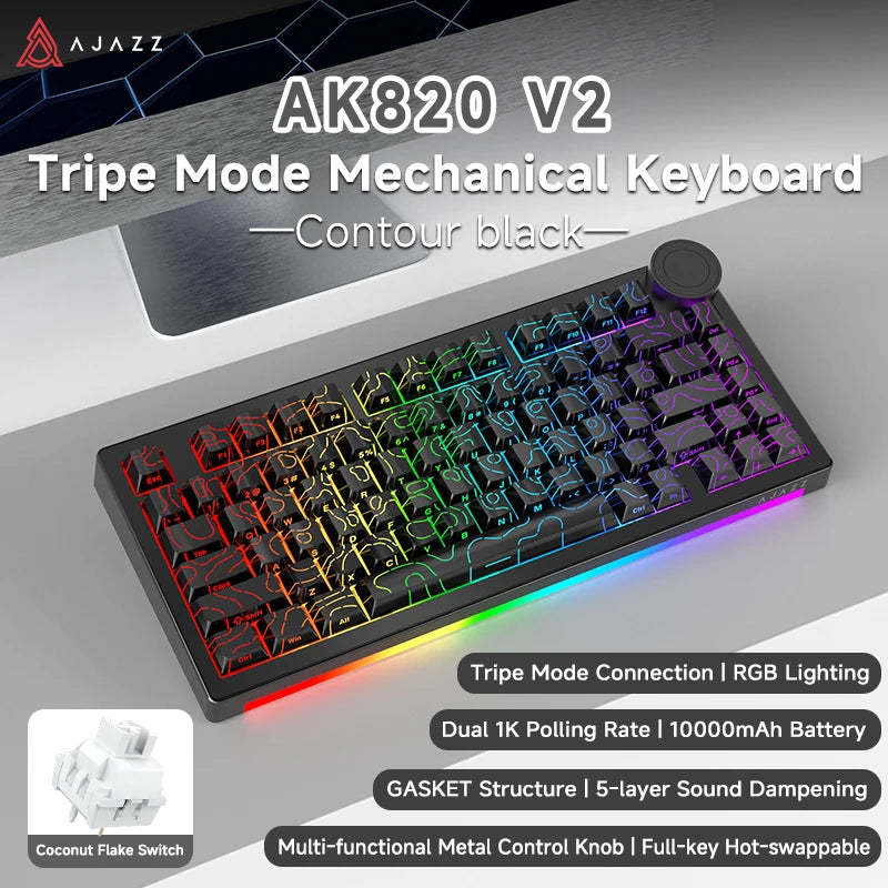 Ajazz AK820V2 Pro Tastiera Da Gaming Wireless Tre Modalità Cablata Bluetooth 2.4G Batteria 10000mAh