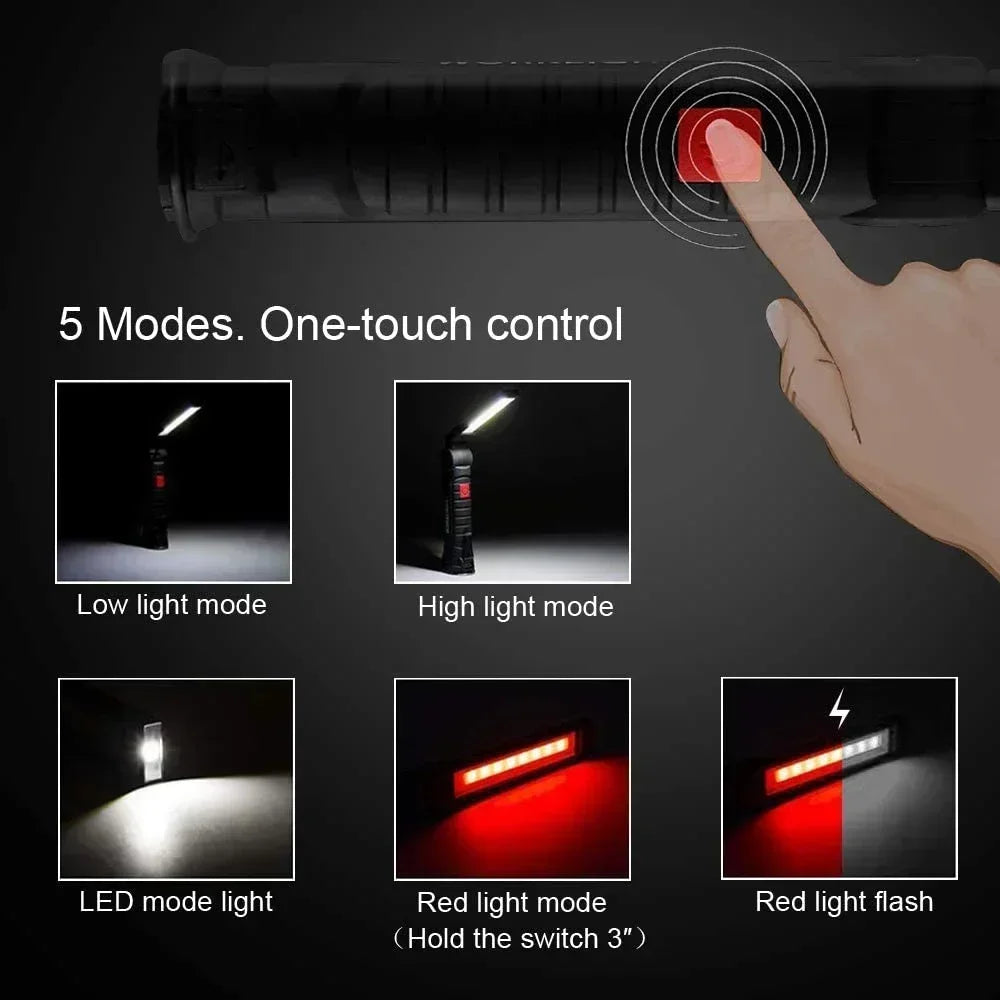 Lampada Da Lavoro Portatile Led Cob Ricaricabile Usb Con Gancio Magnetico E Power Bank