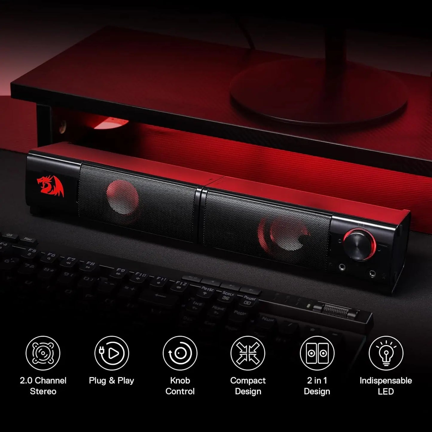 Redragon GS550 Barra Audio Per PC 2.0 Con Bassi Di Qualità E Retroilluminazione Rossa