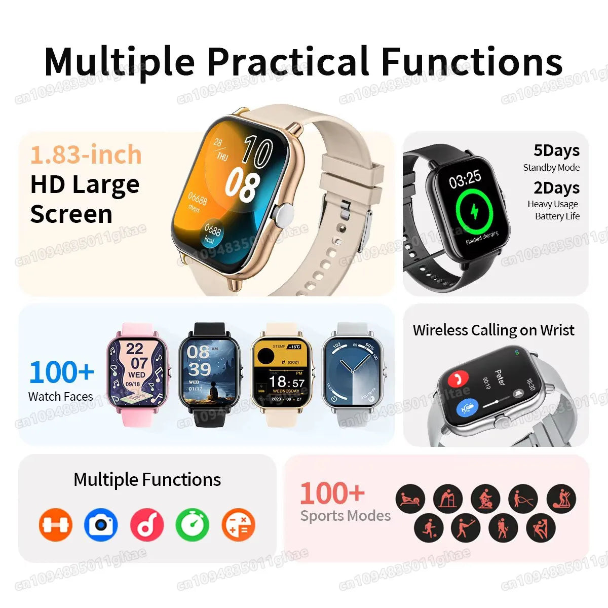 Nuovo Smartwatch con Chiamata BT, Monitoraggio Salute e Sonno, Schermo HD da 1.80'', Orologio Intelligente per Bambini, Impermeabile, Braccialetto Sportivo alla Moda per Donne e Uomini