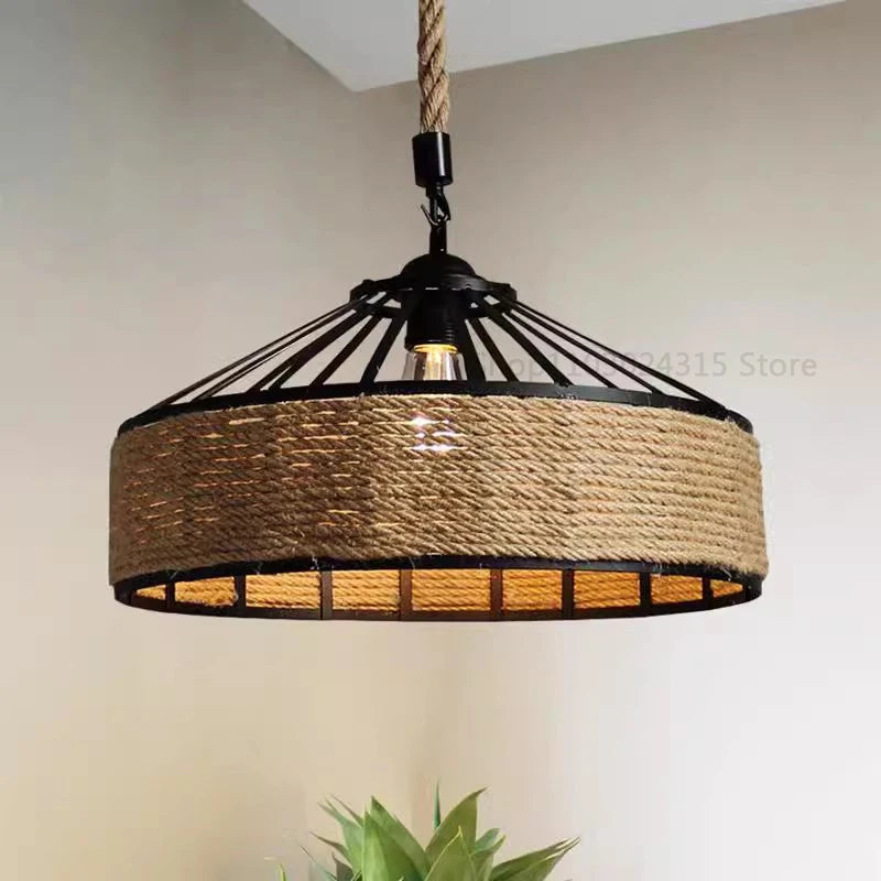 Lampada a Sospensione in Corda di Canapa, Ferro Industriale Retrò, Stile Classico per Sala da Pranzo