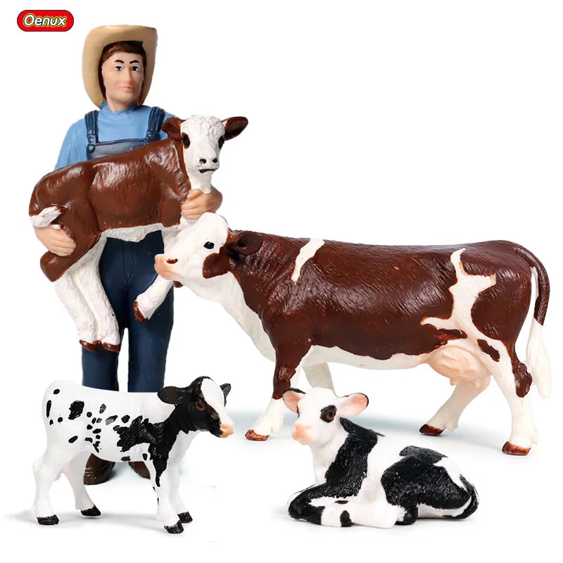 Oenux Farm House Modello Action Figures Agricoltore Moto Mucca Gallina Maiale Animali Set Figurine in miniatura PVC Simpatico giocattolo educativo per bambini