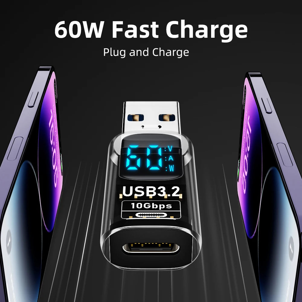 Adattatore USB 3.2 da 10 Gbps con Display Digitale, Convertitore da USB Maschio a USB Femmina, Ricarica Rapida e Trasferimento Dati, Adattatore USB C per PC e Laptop
