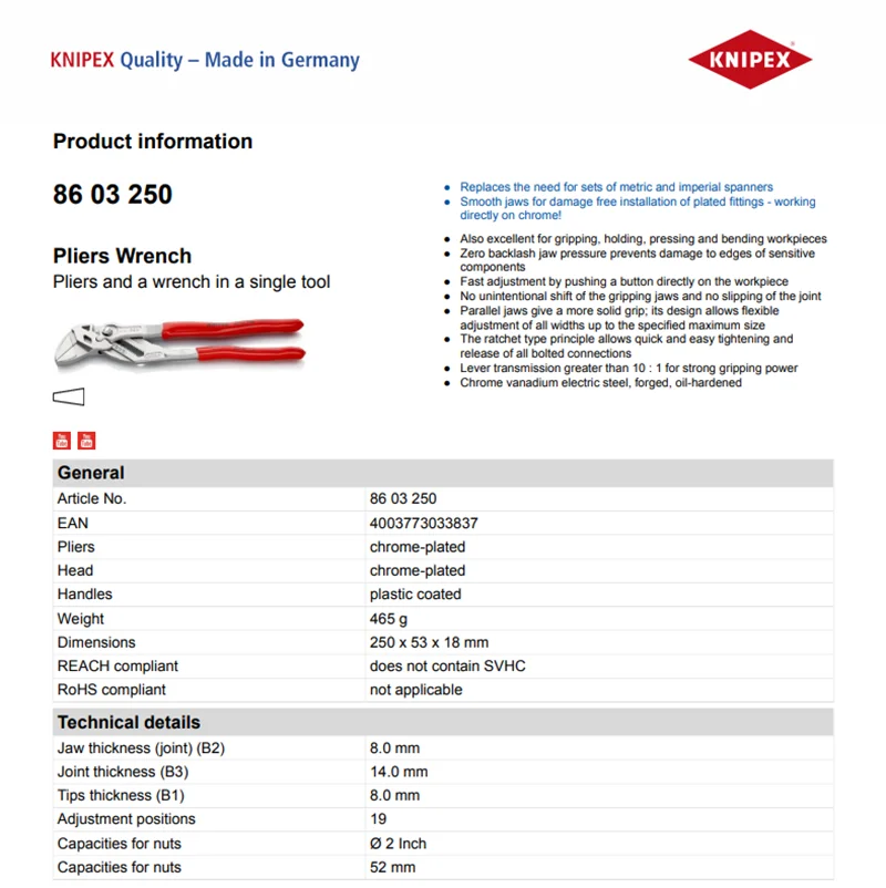 Knipex Pinza Idraulica Regolabile Cromata Multifunzione Isolata Per Lavori Tecnici