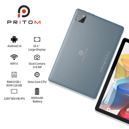 Pritom Tab11 Tablet Android 14 Da 10 Pollici Con 8 GB RAM E 128 GB ROM Octa Core WiFi 5G Tastiera E Custodia