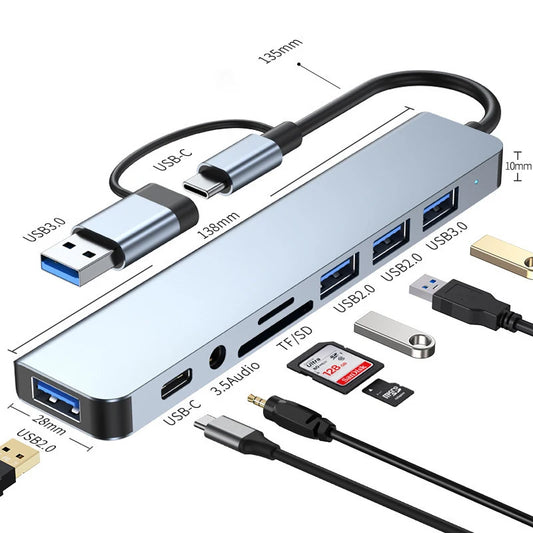 Docking station HUB USB + tipo C 8 in 2 con adattatore jack audio da 3,5 mm Lettore di schede Micro SD Convertitore disco per telefono tablet portatile