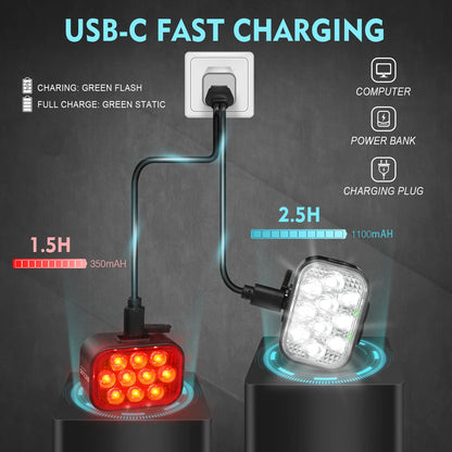 Luci Frontali e Posteriore per Bicicletta Ricaricabili USB Impermeabili LED COB MTB e Bici da Strada