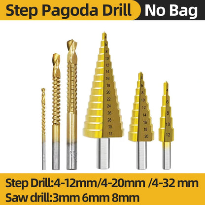Set Punte Gradino Titanio HSS 4-12, 4-20, 4-32 Mm Per Metallo E Legno Utensili Da Trapano Di Precisione