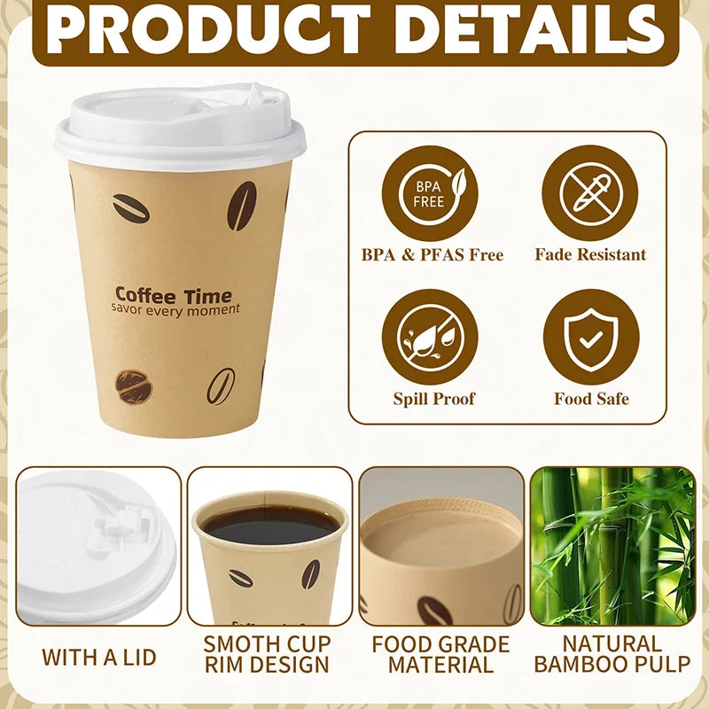 Bicchieri di Carta Usa e Getta con Coperchio 12 oz in Polpa di Bamboo per Bevande Calde o Freddo Ufficio e Casa