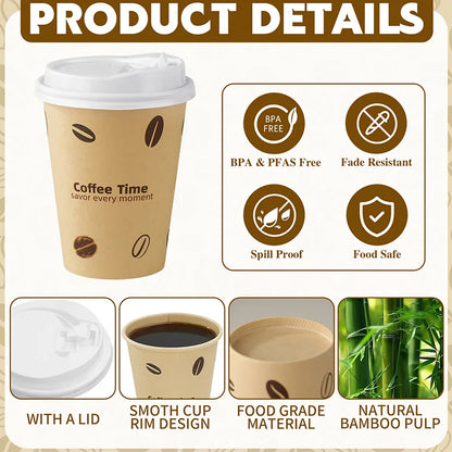 Bicchieri di Carta Usa e Getta con Coperchio 12 oz in Polpa di Bamboo per Bevande Calde o Freddo Ufficio e Casa