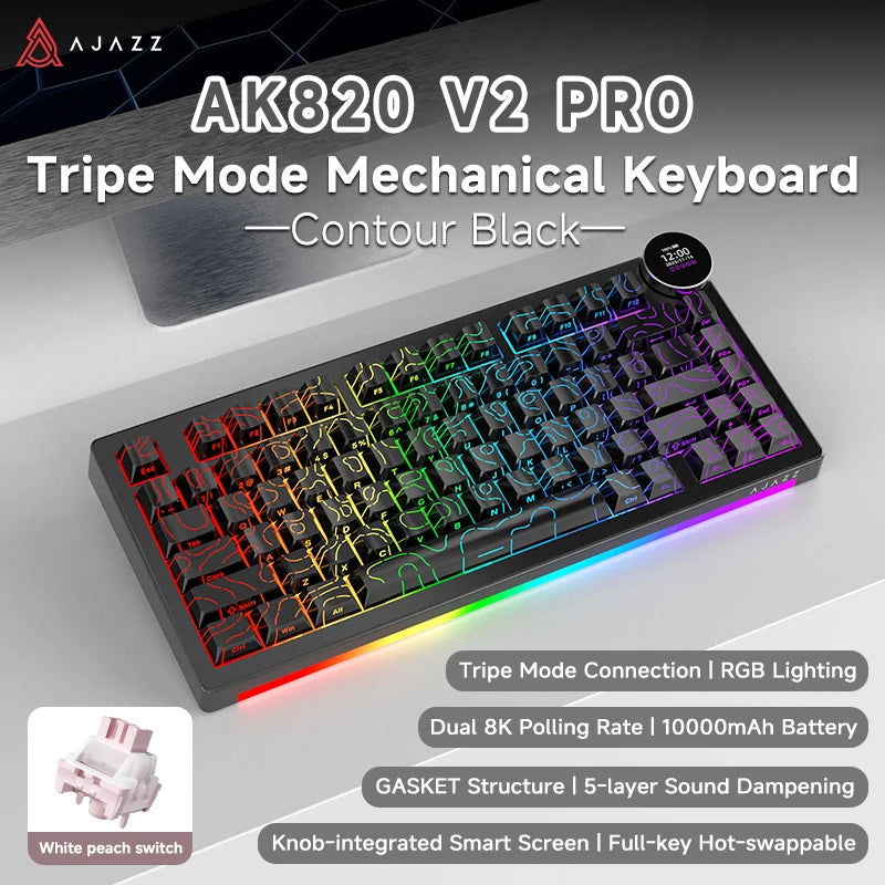 Ajazz AK820V2 Pro Tastiera Da Gaming Wireless Tre Modalità Cablata Bluetooth 2.4G Batteria 10000mAh