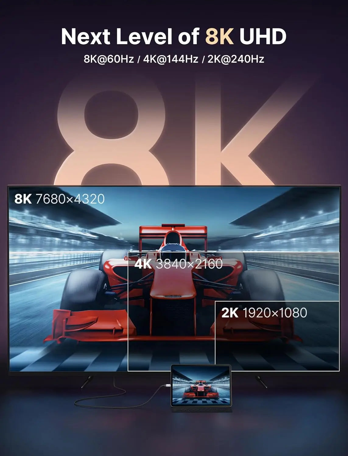 Cavo HDMI 2.1 Piatto Intrecciato 48Gbps, 8K60, 4K120, 144Hz Con 3D eARC HDCP 2.2 e 2.3 Compatibile Roku TV PS5