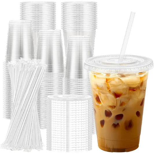 Bicchieri di Plastica Trasparente da 16 oz con Coperchi e Cannucce, Bicchieri di Plastica Usa e Getta con Coperchi per Caffè Freddo, Bevande Fredde, Frullati