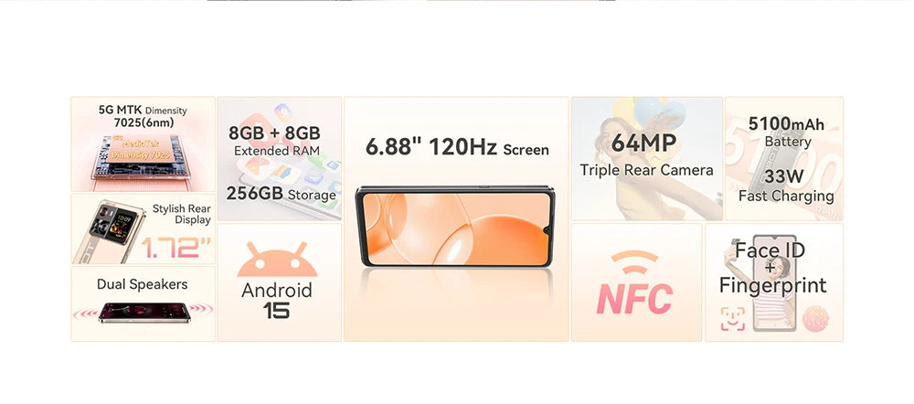 Cellulari Smartphone 5G Cubot X100, Android 15, Dimensity 7025, 6nm, 2.5GHz, schermo da 6.88 pollici 120Hz, 16GB RAM (8GB+8GB estesi), 256GB ROM, fotocamera da 64MP, batteria da 5100mAh, telefoni 5G, NFC telefono, GPS