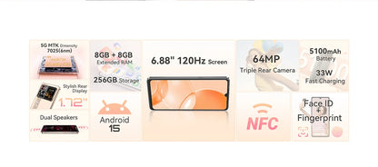 Cellulari Smartphone 5G Cubot X100, Android 15, Dimensity 7025, 6nm, 2.5GHz, schermo da 6.88 pollici 120Hz, 16GB RAM (8GB+8GB estesi), 256GB ROM, fotocamera da 64MP, batteria da 5100mAh, telefoni 5G, NFC telefono, GPS