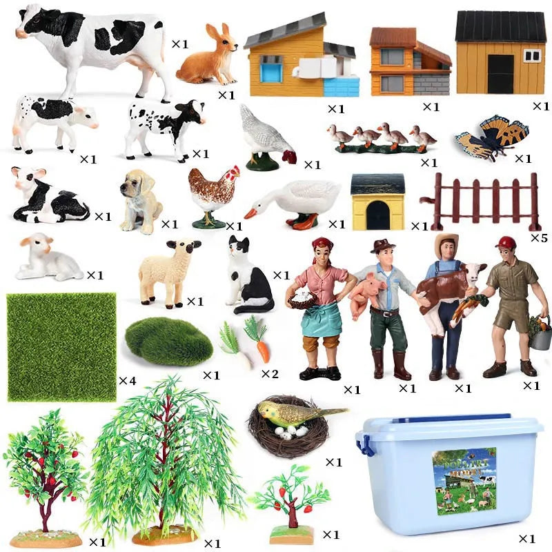 Oenux Farm House Modello Action Figures Agricoltore Moto Mucca Gallina Maiale Animali Set Figurine in miniatura PVC Simpatico giocattolo educativo per bambini