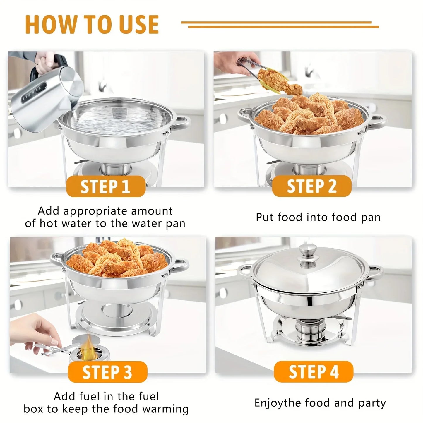 Set Da 6 Scaldavivande Rotondi In Acciaio Inossidabile 5 Litri Con Vassoi Per Cibo E Bevande Per Buffet