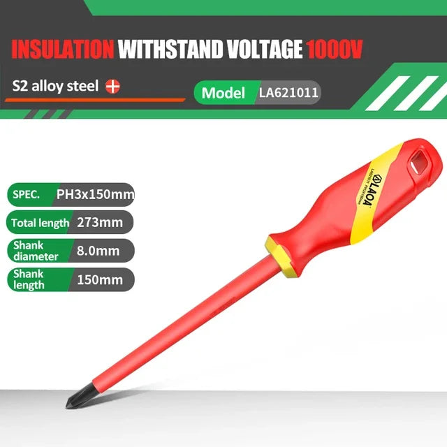 Cacciavite Isolato VDE LaOA Magnetico Impugnatura Ergonomica Testa Piatta e Incrociata 2,5x75-6,5x150