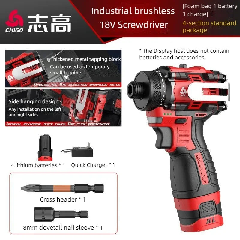 Chigo Trapano Avvitatore Brushless 18V 80 Nm Batteria Li-Ion 10 mm Cacciavite Professionale