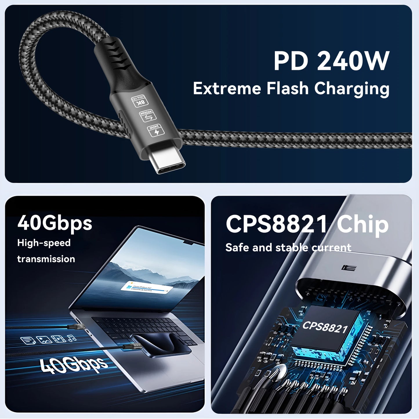 Cavo USB4 Thunderbolt 4 da USB-C a USB-C 40Gbps 240W Ricarica Rapida e Trasferimento Dati per Laptop
