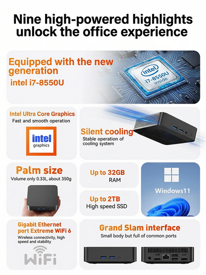 NUOVO MINI PC Computer Windows 11 Intel Core i7-8550U 16GB/32GB RAM 1TB/2TB SSD Mini PC da gioco Desktop Computer Supporta 4K HD