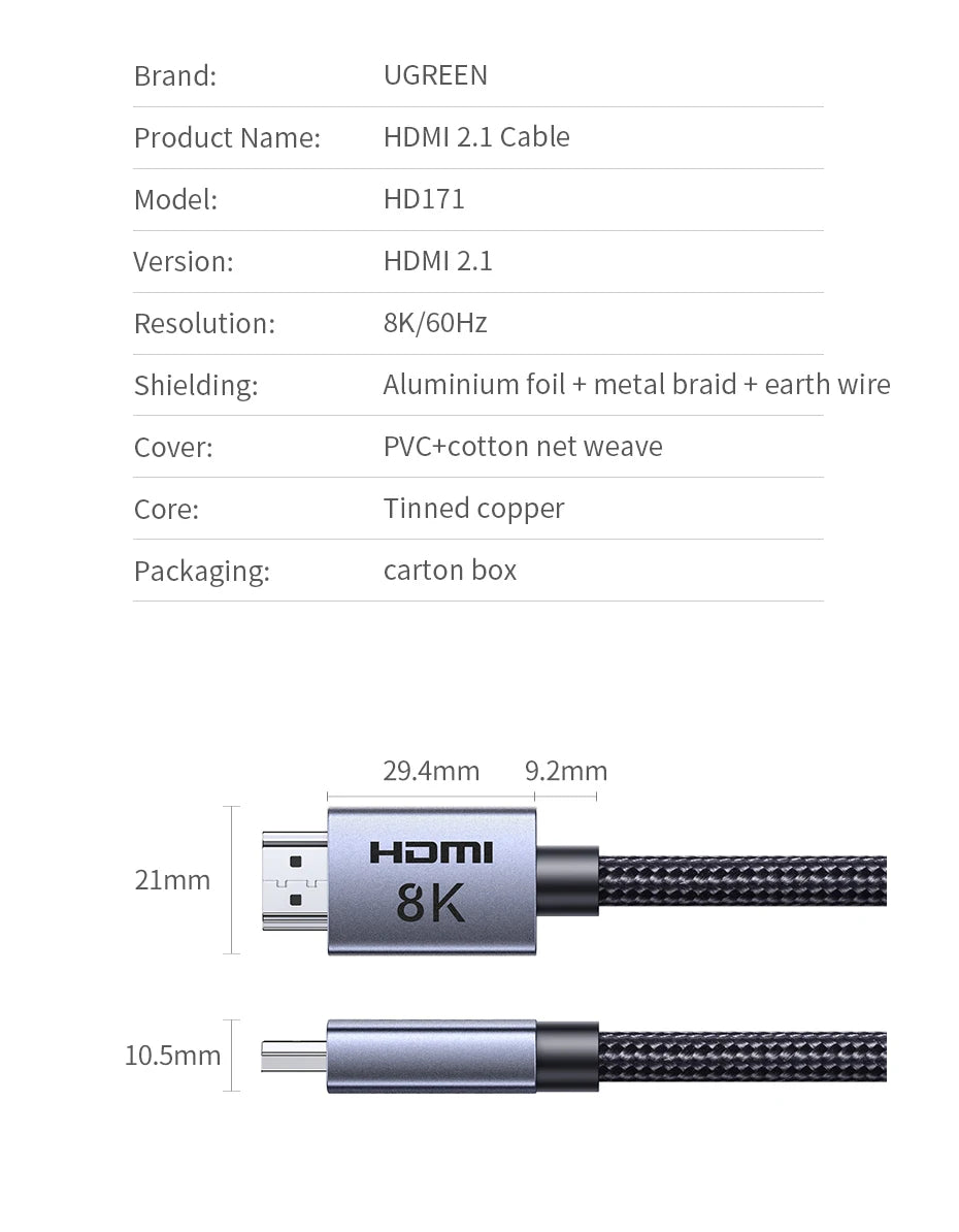 Cavo HDMI UGREEN 8K/60Hz per PS5 Xiaomi TV Box cavo 8K @ 60Hz certificato ad altissima velocità 48Gbps Dolby Vision HDCP2.3