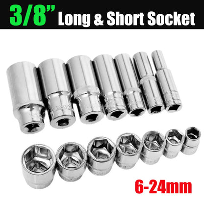 Set di bussole lunghe corte da 3/8 pollici CRV 6-24mm Adattatore per presa profonda per chiave a bussola a cricchetto di coppia Strumento manuale di riparazione