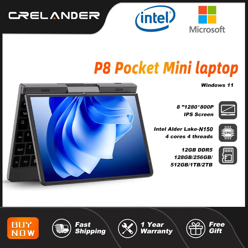 Crelander P8 Mini Laptop Da Gioco 8 Pollici Schermo Touch Intel Alder Lake N100 12GB DDR5 Windows 11 WiFi 6