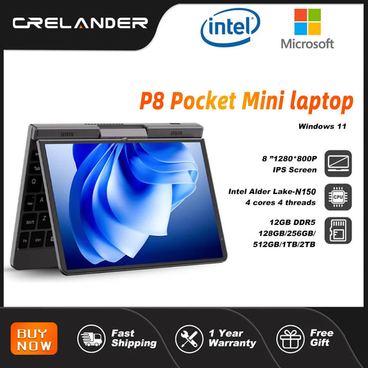 Crelander P8 Mini Laptop Da Gioco 8 Pollici Schermo Touch Intel Alder Lake N100 12GB DDR5 Windows 11 WiFi 6