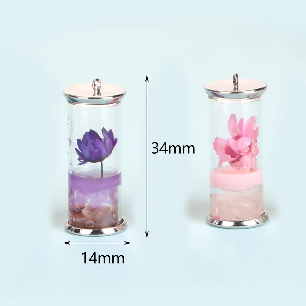 Tre Ciondoli Bottiglia Di Vetro Con Fiore Secco 14X34 Mm Per Gioielli Fai Da Te