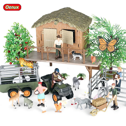 Oenux Farm House Modello Action Figures Agricoltore Moto Mucca Gallina Maiale Animali Set Figurine in miniatura PVC Simpatico giocattolo educativo per bambini