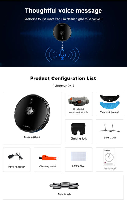 (codice promozionale:AEAE10) Liectroux Robot aspirapolvere, navigazione Laser, aspirazione 6500pa, mappa Multi-pavimento, straccio bagnato a forma di Y, zona No-Go APP personalizzata,