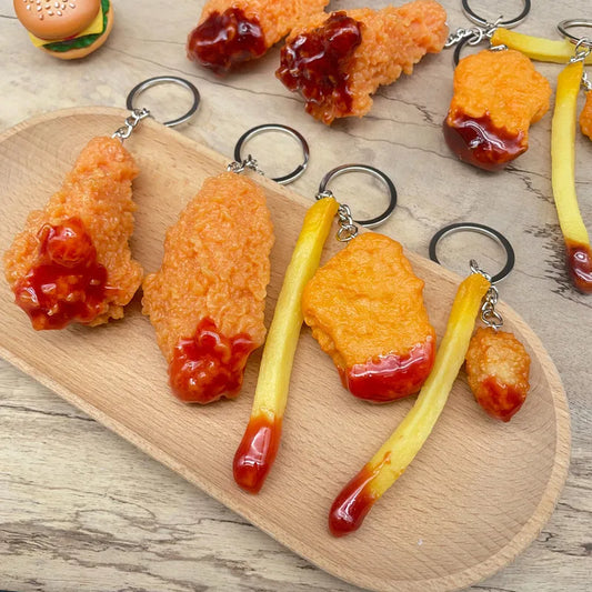 Portachiavi con patatine fritte di pollo fritto, pepite di pollo fritto, cibo simulato, modello giocattolo, portachiavi, borsa per telefono per auto, ciondolo, ornamento regalo