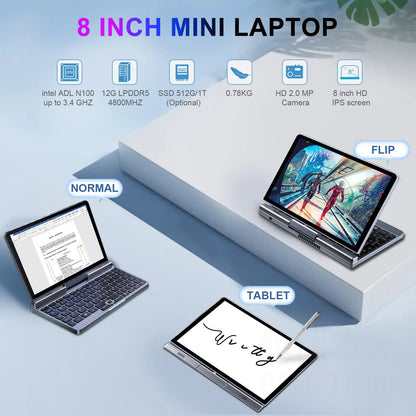 Crelander P8 Mini Laptop Da Gioco 8 Pollici Schermo Touch Intel Alder Lake N100 12GB DDR5 Windows 11 WiFi 6
