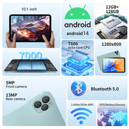 Tablet 10.1 Pollici 12GB Ram 128GB Octa Core 7000mAh Android 14 Google Play Chiamate 4G LTE Versione Globale