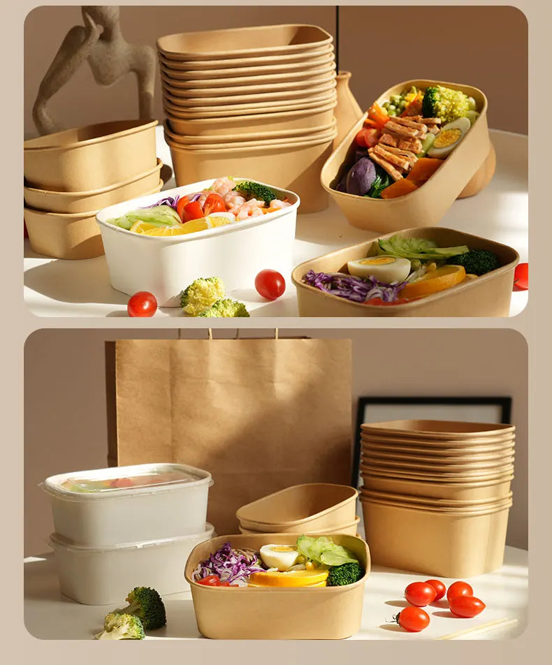 25 pz/set Scatole di Carta Kraft Usa E Getta Scatole per il Pranzo con Coperchi Ciotole per Imballaggio di Fast Food Bento Box per la Catering Da Asporto
