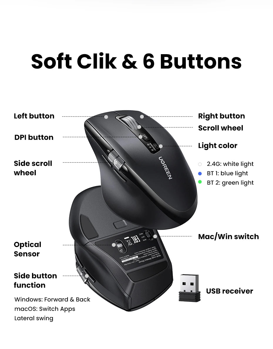Mouse Senza Fili Ergonomico con DPI 5000 Bluetooth 5.4 e 2.4 GHz MacBook Tablet Laptop PC