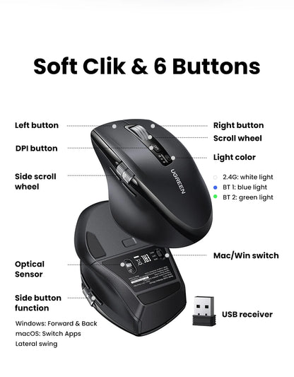 Mouse Senza Fili Ergonomico con DPI 5000 Bluetooth 5.4 e 2.4 GHz MacBook Tablet Laptop PC