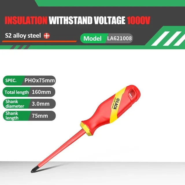 Cacciavite Isolato VDE LaOA Magnetico Impugnatura Ergonomica Testa Piatta e Incrociata 2,5x75-6,5x150
