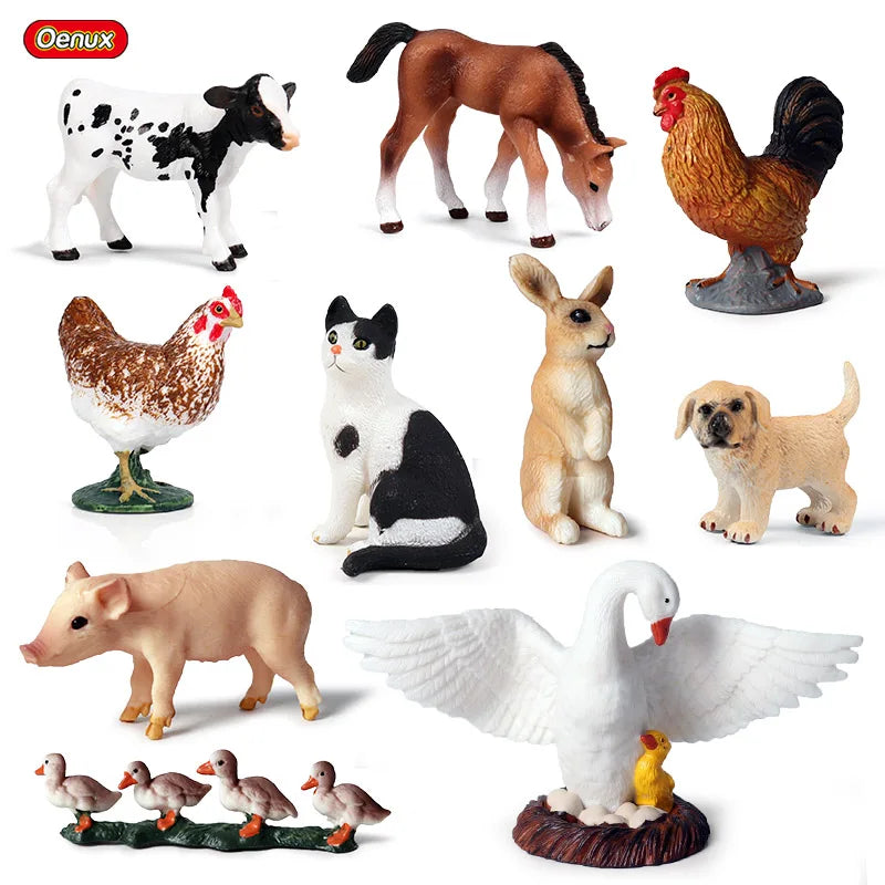 Oenux Farm House Modello Action Figures Agricoltore Moto Mucca Gallina Maiale Animali Set Figurine in miniatura PVC Simpatico giocattolo educativo per bambini