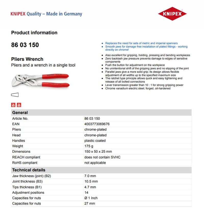 Knipex Pinza Idraulica Regolabile Cromata Multifunzione Isolata Per Lavori Tecnici