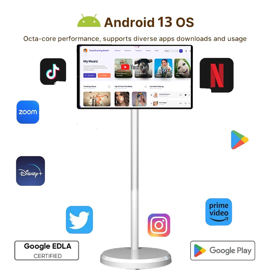 TV LED Smart Android 13 da 21,5 Pollici, 4+64GB, Bianca, Portatile con Ruote, Batteria Ricaricabile, Wi-Fi Interattivo per Palestra Professionale